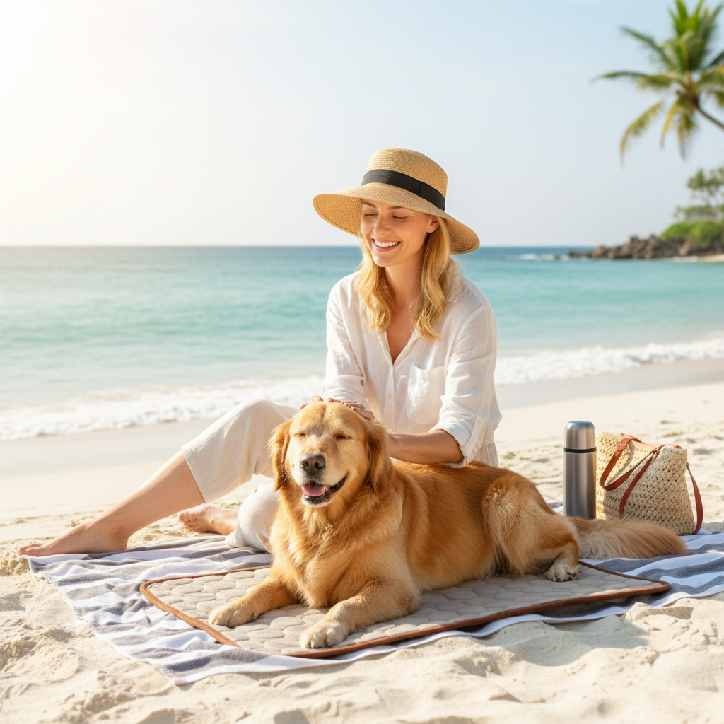 Dog at beach on mat