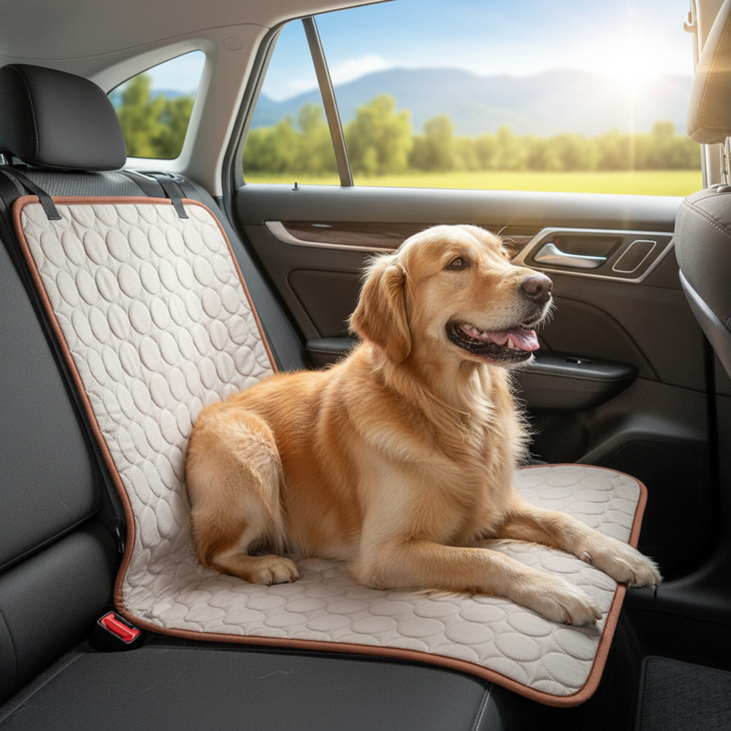 Dog in car on real mat